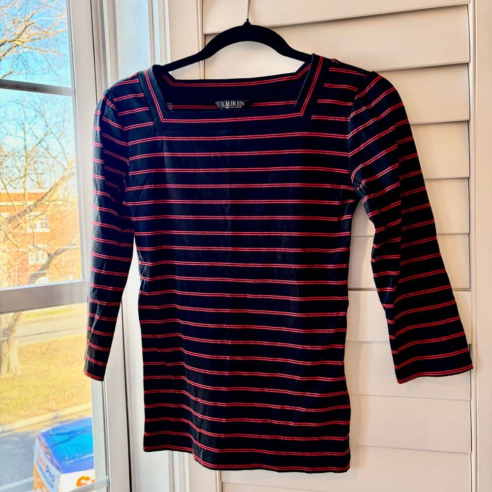 Lauren Ralph Lauren Women's Black Red Nautical Striped Square Neck 3/4 Sleeve